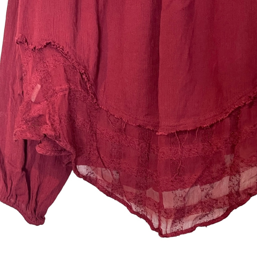 FREE PEOPLE Rainy Days Gauze Lace Oversized Boho Peasant Swing Top Burgundy M - Picture 8 of 13